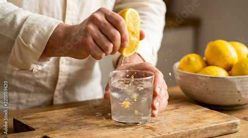Fresh lemon squeezed into water for a healthy drink.