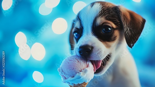 A playful puppy licking a melting ice cream on blue lights background