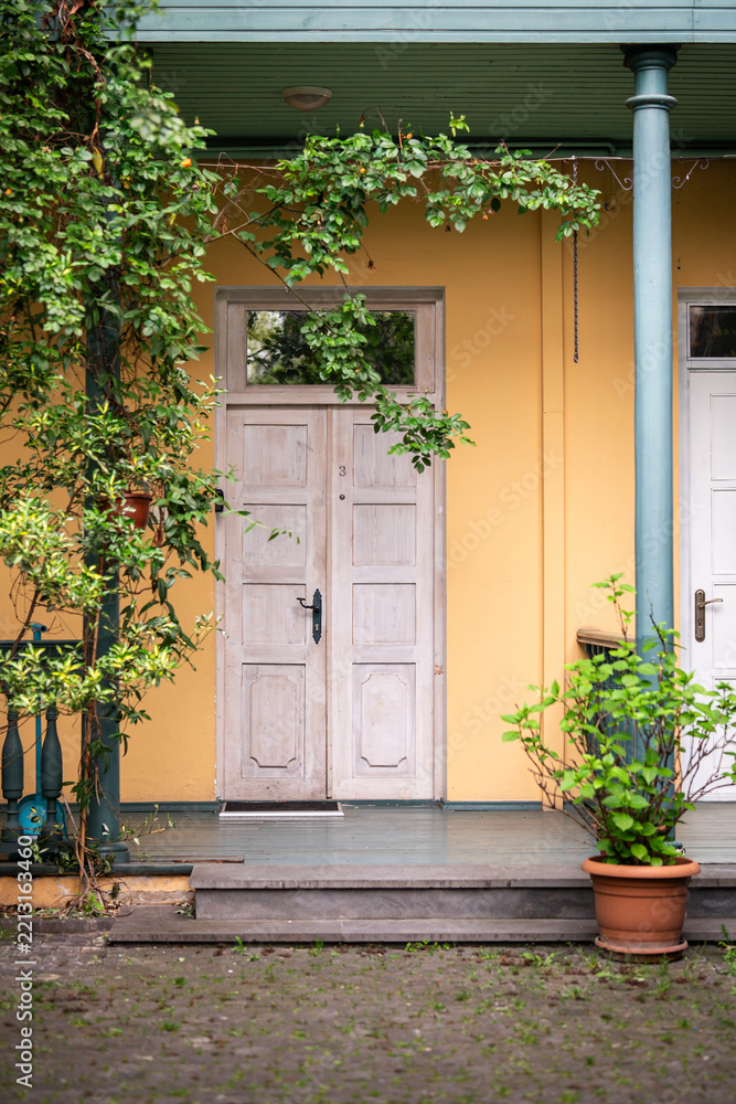 Fototapeta premium Weathered wooden door stands beneath green veranda roof beside ochre wall, framed by climbing vines, leafy shrubs, column, potted plant and paved courtyard with traditional residential architecture.