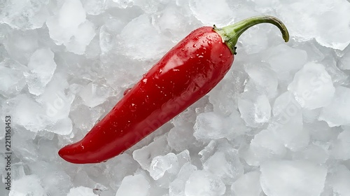 A red chili pepper resting on a bed of crushed ice