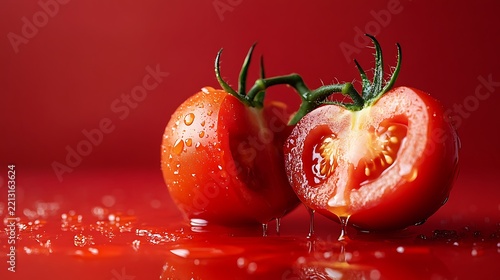 A ripe tomato split in half with juice dripping