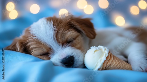 A sleeping puppy cuddled up with a tiny ice cream on blue lights background