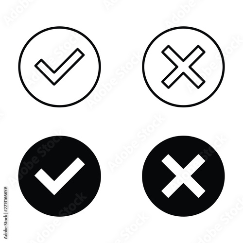 Check mark and cross mark icons set in black and white circle shape button design