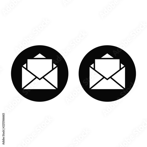 Black Circular Email Icon Set Featuring Open Envelopes Isolated on White Backdrop