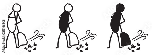 hand drawn vector stick figure cleaning. sweeping. pose. posture.