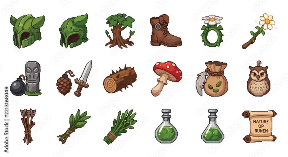 Fototapeta premium A set of nature-themed fantasy game icons featuring equipment, magical items, herbs, and potion bottles vector.