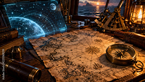 Antique Maritime Map and Compass Beside Futuristic Digital Navigation Display at Sea