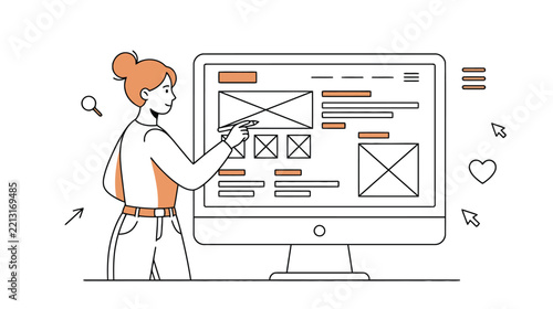 Female UX Designer Creating Website Wireframe Interface on Computer Screen Illustration Vector