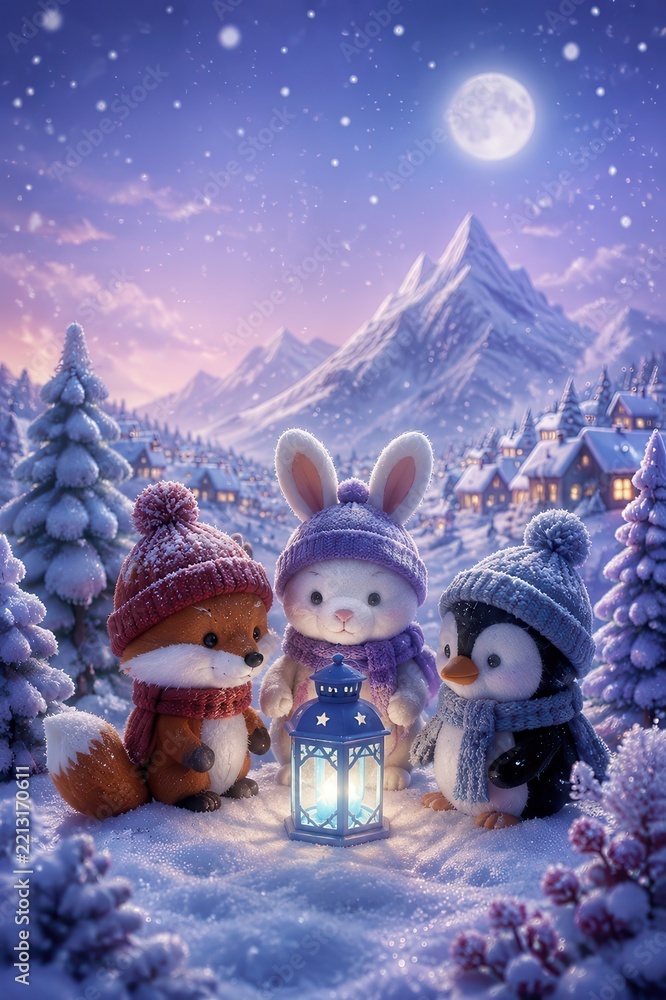 Fototapeta premium Cute winter animals with lantern beneath moonlit mountain village