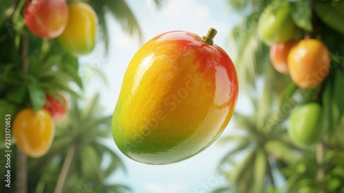Ripe mango fruit hanging on a tree branch with blurred tropical foliage
