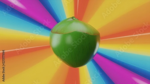 Single green coconut centered against a vibrant rainbow sunburst background