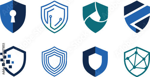 A grid of minimalist logos using a cybersecurity shield as the core icon