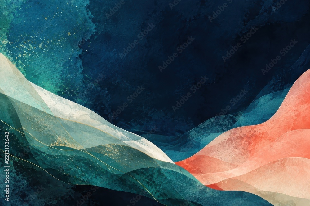 Fototapeta premium Abstract teal, navy, coral flowing watercolor texture background
