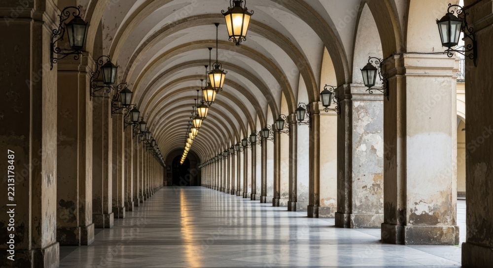 Fototapeta premium Elegant arched corridor perspective with ambient lighting architectural details
