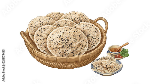 a basket of bread and a cup of tea Vietnamese_sesame_rice_crackers_