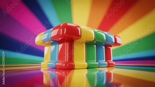 Glossy multi-colored building on a vibrant rainbow radial background