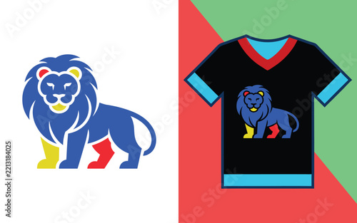 Stylized lion featuring bold blue, yellow, and red colors displayed on a black t-shirt mockup