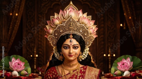 Goddess Durga portrait with traditional crown and lotus flowers