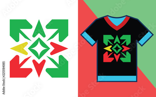 Symmetrical arrows pointing outwards printed on a black v-neck t-shirt with blue and red trim details