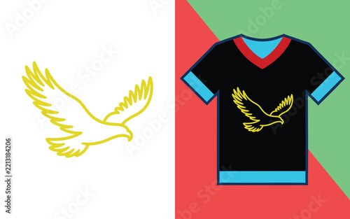 Yellow eagle silhouette displayed on a black t-shirt with red and green background, split sections