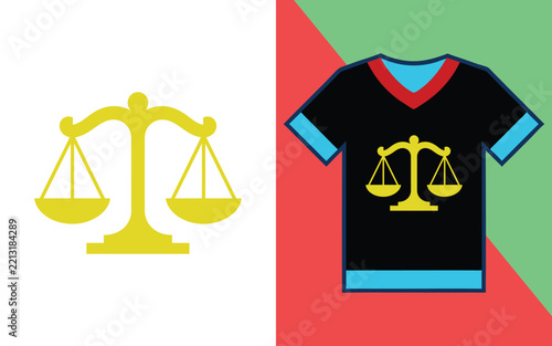 Yellow justice scale symbol printed on a black v-neck t-shirt with blue and red trim on a colorful background