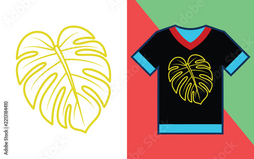 Yellow monstera leaf displayed on a black v-neck t-shirt with red and light blue trim accents