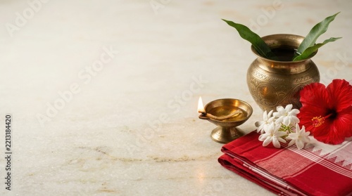 Durga Puja festive arrangement with diya lamp and red hibiscus flower