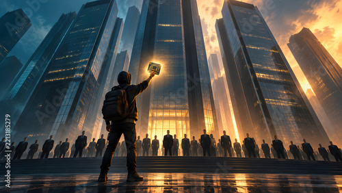 Person Holding Glowing Microchip Before Corporate Figures in Futuristic Financial District