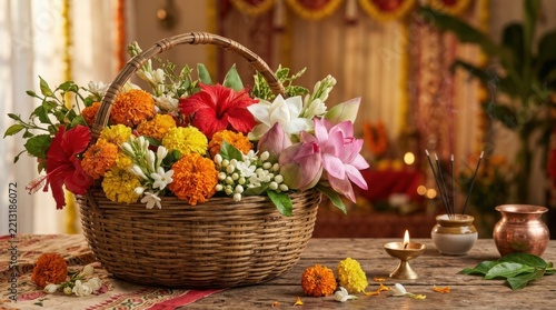 Diwali flower basket with marigolds and lotus for traditional