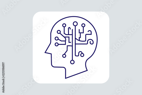 The image features a minimalist line art illustration of a human head profile facing left, filled with circuit board nodes and interconnected digital network lines inside.