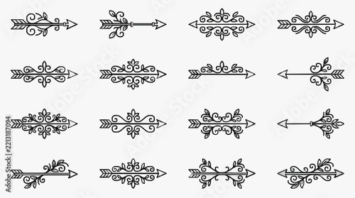 Elegant Decorative Arrow Designs with Floral and Geometric Accents for Branding and Web Use