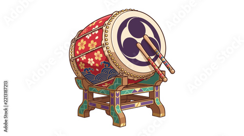 Traditional Japanese Taiko drum on a wooden stand with drumsticks