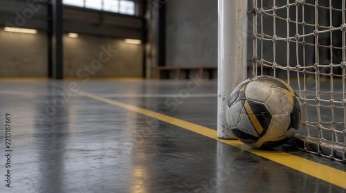 Soccer Ball on Indoor Court Next to Goal Post with Copy Space