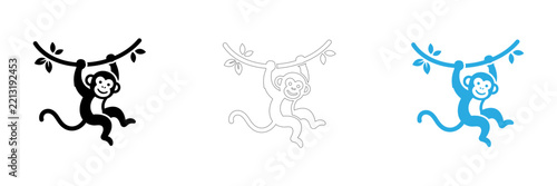 Minimalist cartoon monkey climbing on a tree branch