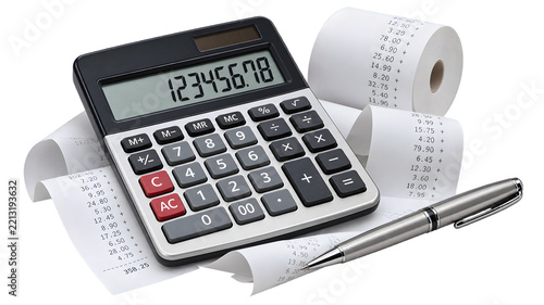 Professional electronic calculator with financial receipts and silver pen, accounting tools for tax preparation, business bookkeeping equipment isolated PNG with Transparent Background