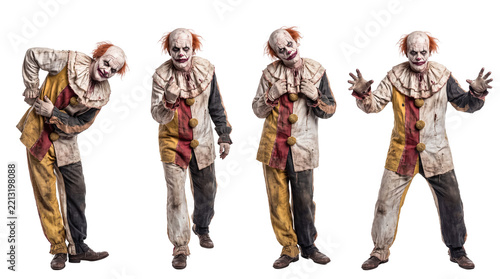 Fotografie Four scary clowns in dirty costumes with white painted faces