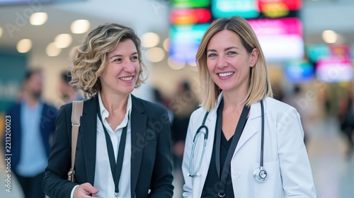 Two women with professional attire smile while walking together in a busy indoor space.