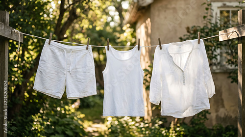 Clean white laundry hanging on a clothesline in a sunny backyard garden