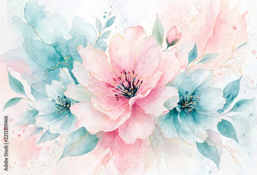 Soft watercolor blooms in blush pink and teal hues