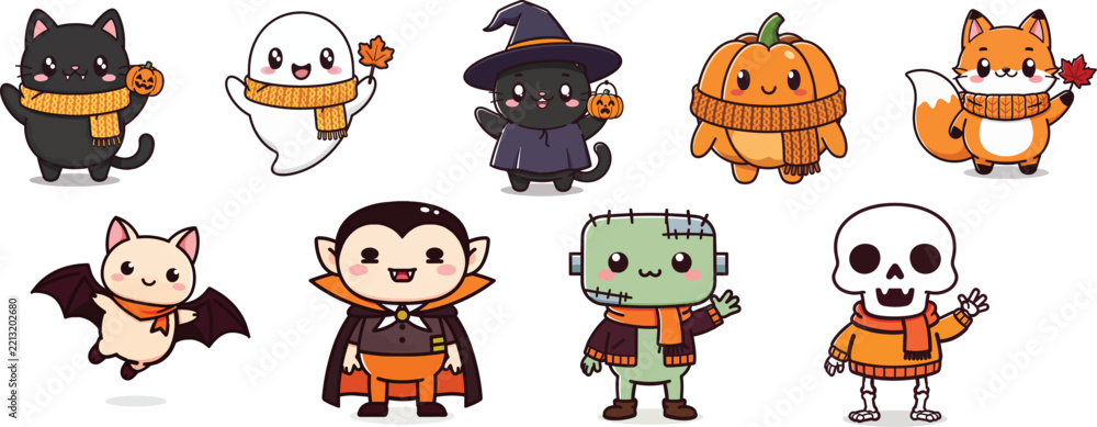 Obraz premium Halloween characters including cute cats, ghosts, pumpkins, and friendly monsters dressed in festive autumn sweaters and costumes.