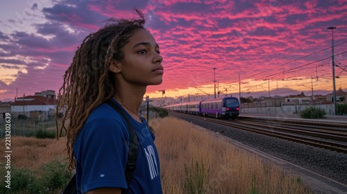 Young woman with dreadlocks by train tracks.