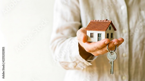 Woman holding a miniature house with keys representing home ownership and real estate investment