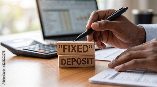 Businessman pointing pen at wooden blocks with Fixed Deposit text on office desk - perfect for banking promotions, financial planning articles, investment concepts, and wealth management marketing vis