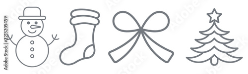 Set of four christmas icons featuring snowman stocking bow and pine tree.