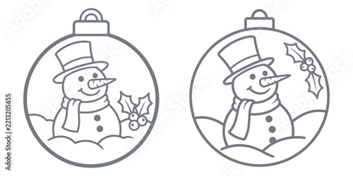 Two christmas bauble ornaments with snowmen and festive winter berries.
