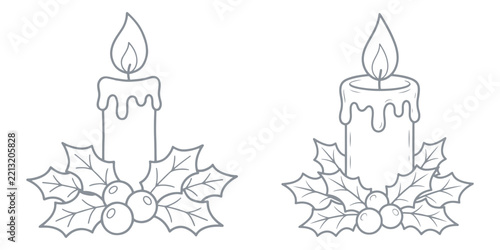 Two glowing christmas candles with holly leaves and winter berries set.