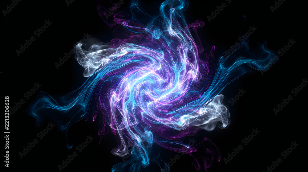 Fototapeta premium Abstract swirling vortex of blue and purple liquid light particles on black background with purple energy