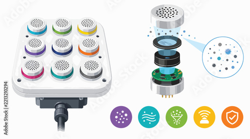 Modular sensor array with colorful components and wireless connectivity icons