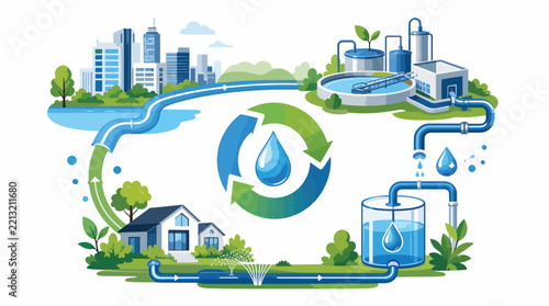 Water treatment cycle illustration with city and nature elements