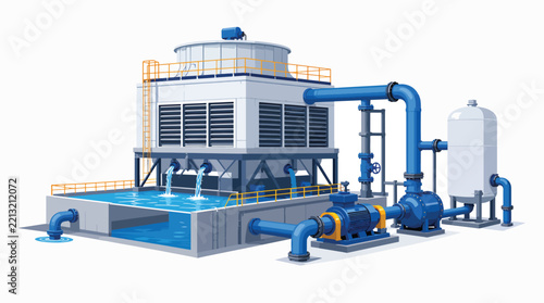 Industrial cooling tower system with water pumps and pipes
